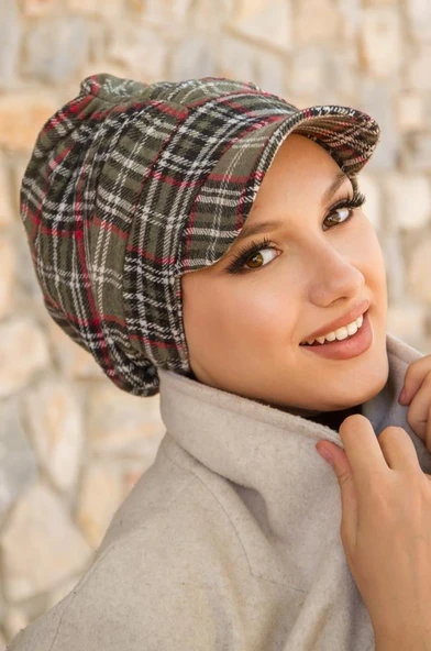 Haki Ekose Desen Tesettür Şapka ürün görseli