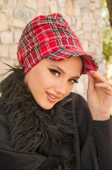 Kırmızı Ekose Desen Tesettür Şapka - Resim 2