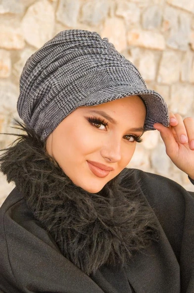 Gri Siyah Ekose Desen Tesettür Şapka - Resim 2