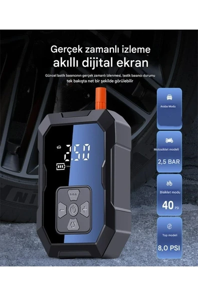 Akıllı 4000mAh Dijital Hava Kompresörü  150PSI Şarjlı Taşınabilir Lastik Şişirme Pompası - 6