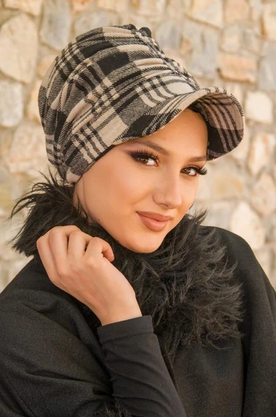 Vizon Siyah Ekose Desen Tesettür Şapka - Resim 3