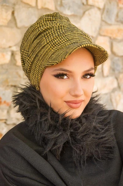 Hardal Siyah Ekose Desen Tesettür Şapka - Resim 2