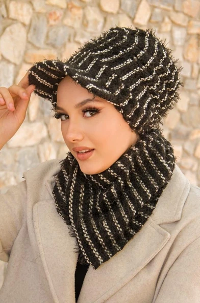 Siyah Çizgili Büzgülü Tesettür Şapka Ve Etol Takım - Resim 3