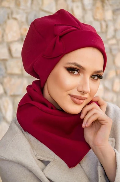 Bordo Fiyonklu Tesettür Bere Ve Etol Takım - Resim 2
