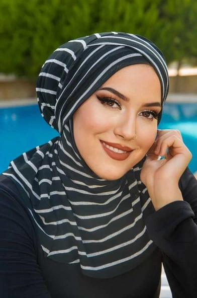 Siyah Çizgili Çapraz Bantlı Havuz ve Deniz Bonesi ürün görseli