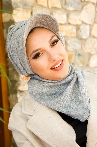 Gri Triko Büzgülü Tesettür Şapka Ve Etol Takım ürün görseli