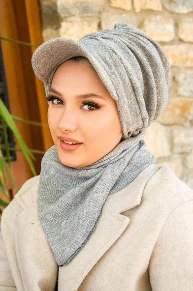 Gri Triko Büzgülü Tesettür Şapka Ve Etol Takım - Resim 2