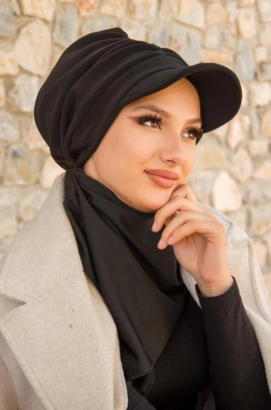 Siyah Büzgülü Tesettür Şapka Ve Etol Takım - Resim 2