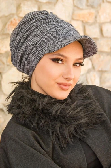 Gri Siyah Ekose Desen Tesettür Şapka - Resim 3