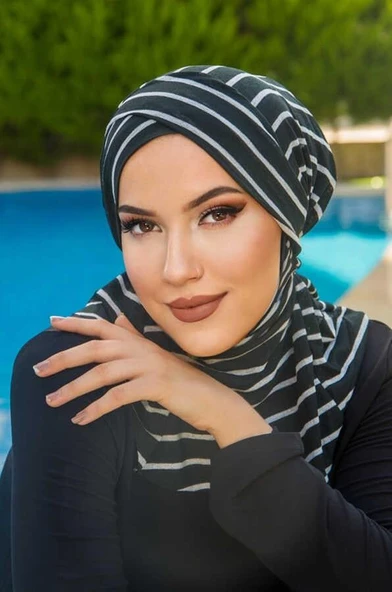 Siyah Çizgili Çapraz Bantlı Havuz ve Deniz Bonesi - Resim 3