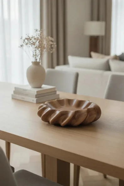 Fjora Ahşap Dokulu Bohem Seramik Obje Tabak (23x7 cm) - Resim 2