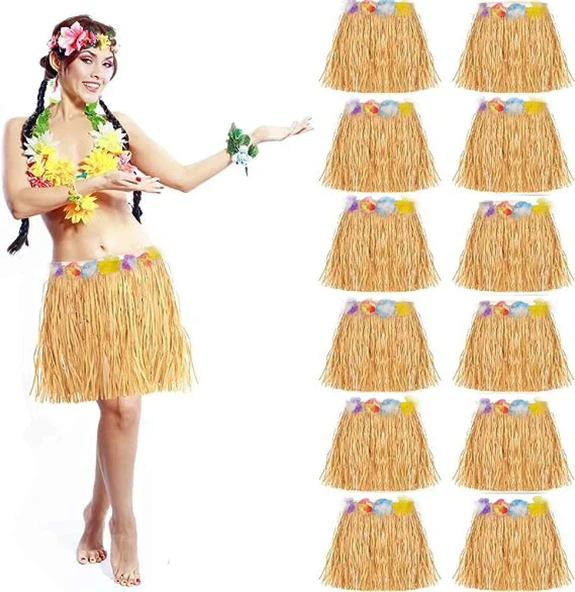 Yetişkin ve Çocuk Uyumlu Saman Renk Hawaii Luau Hula Etek 40 cm 12 Adet ürün görseli