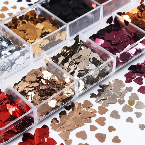 Metalik Renkli Kalpler Tırnak Süsleme Folyo Pulları Mix Nail Art - Resim 2