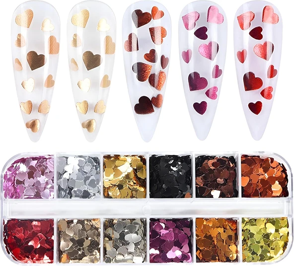 Metalik Renkli Kalpler Tırnak Süsleme Folyo Pulları Mix Nail Art ürün görseli