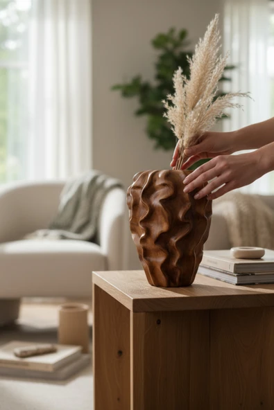 Serenité Ahşap Dalgalı Sarmaşık Desenli Seramik Vazo (18x25.5 cm) - Resim 2