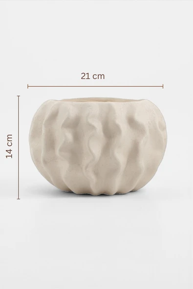 Tactus Oval Dalgalı Bej Seramik Dekoratif Vazo (21x14 cm) - Resim 5