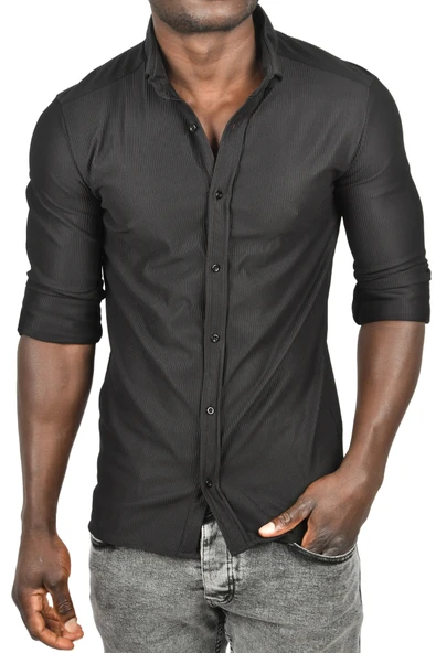 DeepSEA Likralı Kumaşı Fitilli Slim Fit Uzun Kollu Gömlek 2500805 - Resim 4