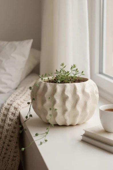 Tactus Oval Dalgalı Bej Seramik Dekoratif Vazo (21x14 cm) - Resim 2