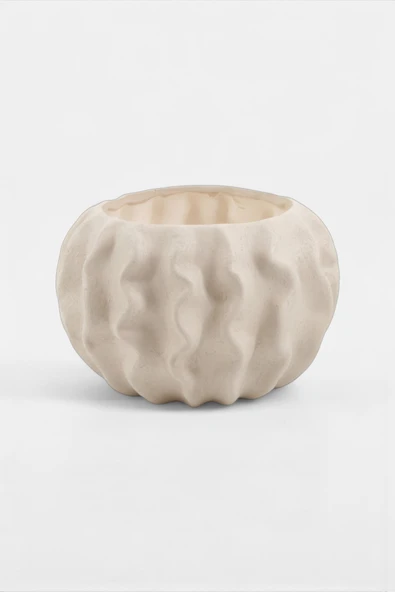 Tactus Oval Dalgalı Bej Seramik Dekoratif Vazo (21x14 cm) - Resim 3