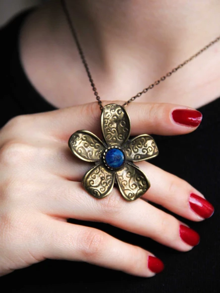 Doğal Taş Lapis Doğal Taşlı Çiçek Desenli Otantik Kadın Kolye 45 Cm Zincirli euk25lps ürün görseli