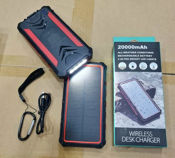 Güneş Enerjili Wireless Özellikli 20000 mAh  Solar Powerbank - 2+1 Çıkışlı - 4