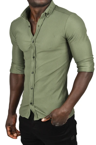 DeepSEA Likralı Kumaşı Fitilli Slim Fit Uzun Kollu Gömlek 2500805 - Resim 8