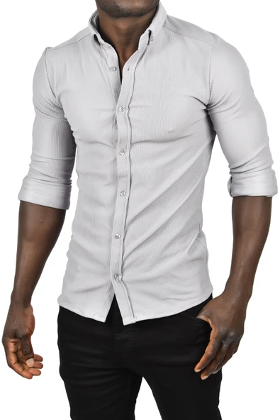 DeepSEA Likralı Kumaşı Fitilli Slim Fit Uzun Kollu Gömlek 2500805 - Resim 6