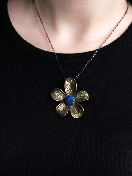 Doğal Taş Lapis Doğal Taşlı Çiçek Desenli Otantik Kadın Kolye 45 Cm Zincirli euk25lps - Resim 3