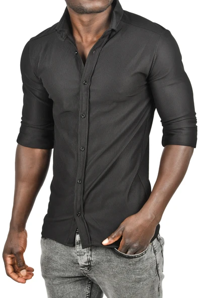 DeepSEA Likralı Kumaşı Fitilli Slim Fit Uzun Kollu Gömlek 2500805 - Resim 5