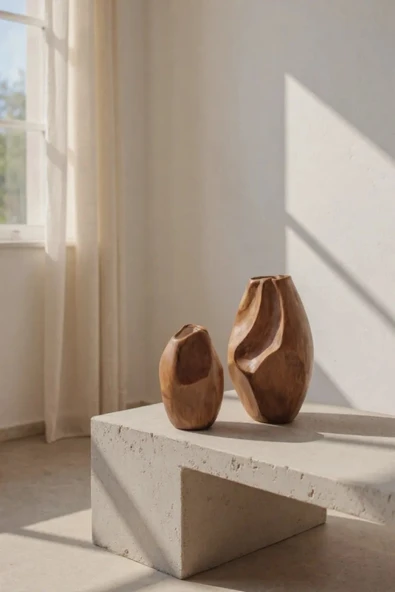 Rune Boho 2'li Ahşap Dokulu Seramik Vazo Seti - Resim 2