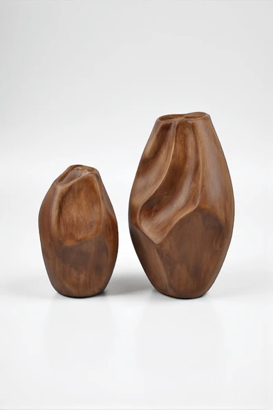 Rune Boho 2'li Ahşap Dokulu Seramik Vazo Seti ürün görseli 1