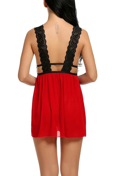 Kadın Kırmızı Dantelli Sırtı Açık Gecelik - Resim 3