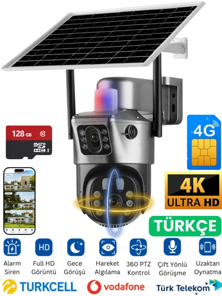 SIM735 Solar Güvenlik Kamerası Türkçe 4G Sim Kartlı PTZ Hareketli Gece Görüşlü Güneş Panelli Kamera