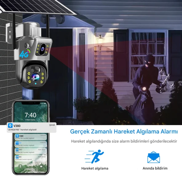 SIM735 Solar Güvenlik Kamerası Türkçe 4G Sim Kartlı PTZ Hareketli Gece Görüşlü Güneş Panelli Kamera - 3