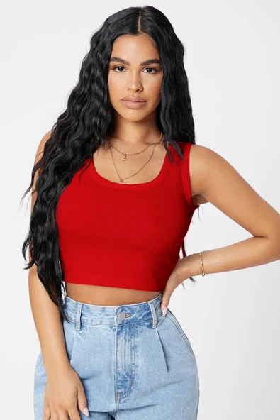 Kadın Kırmızı Kare Yaka Crop Top Bluz - Resim 4