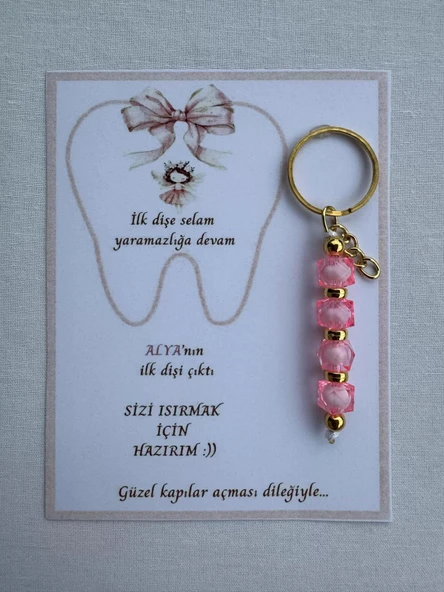 48 Adet Pembe Renk İsme Özel İlk Dişim Çıktı Diş Partisi Diş Buğdayı Hatırası Hediyelik Anahtarlık ürün görseli