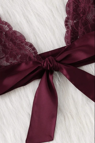 Kadın Bordo Dantelli & Kurdelalı Sütyen Külot Takımı - Resim 4