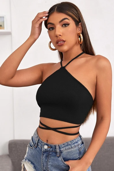 Kadın Siyah Sırtı Açık Boyundan Çapraz Bağlamalı Crop Top Bluz - Resim 5