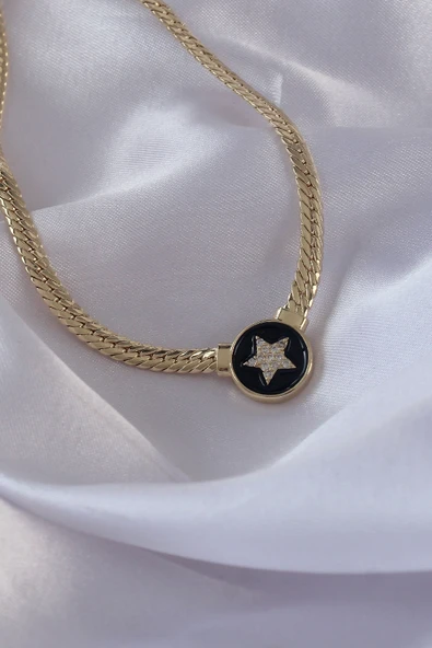 Pirinç Gold Renk Zirkon Taşlı Yıldız Model Siyah Mineli Ezme Zincirli Serenay Kolyesi - TJ-BKO8840 ürün görseli 1