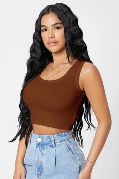 Kadın Kahverengi Kare Yaka Crop Top Bluz - Resim 5