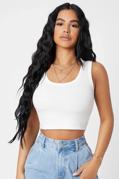 Kadın Beyaz Kare Yaka Crop Top Bluz ürün görseli