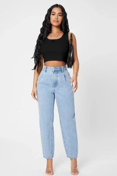 Kadın Siyah Kare Yaka Crop Top Bluz - Resim 4