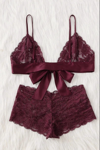 Kadın Bordo Dantelli & Kurdelalı Sütyen Külot Takımı - Resim 2