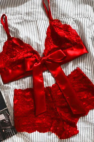 Kadın Kırmızı Dantelli & Kurdelalı Sütyen Külot Takımı - Resim 4