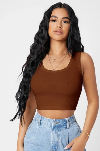 Kadın Kahverengi Kare Yaka Crop Top Bluz ürün görseli