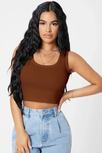Kadın Kahverengi Kare Yaka Crop Top Bluz - Resim 4