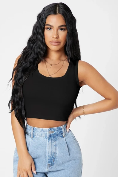 Kadın Siyah Kare Yaka Crop Top Bluz - Resim 3