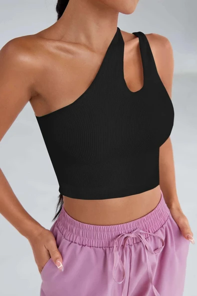 Kadın Siyah Tek Omuz Cut Out Detaylı Crop Top Bluz ürün görseli