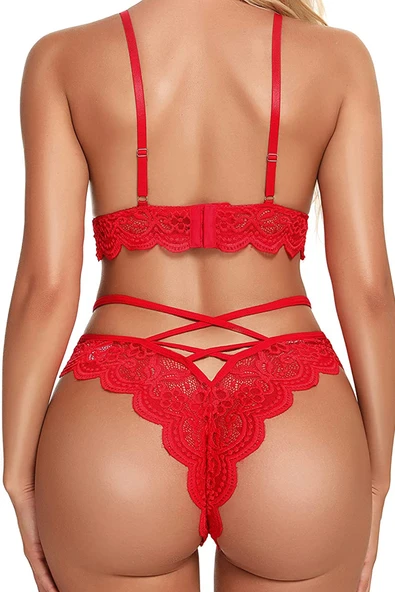 Kırmızı Çapraz Ip Detaylı Şık Sütyen Külot Takım - Resim 5