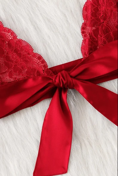 Kadın Kırmızı Dantelli & Kurdelalı Sütyen Külot Takımı - Resim 3